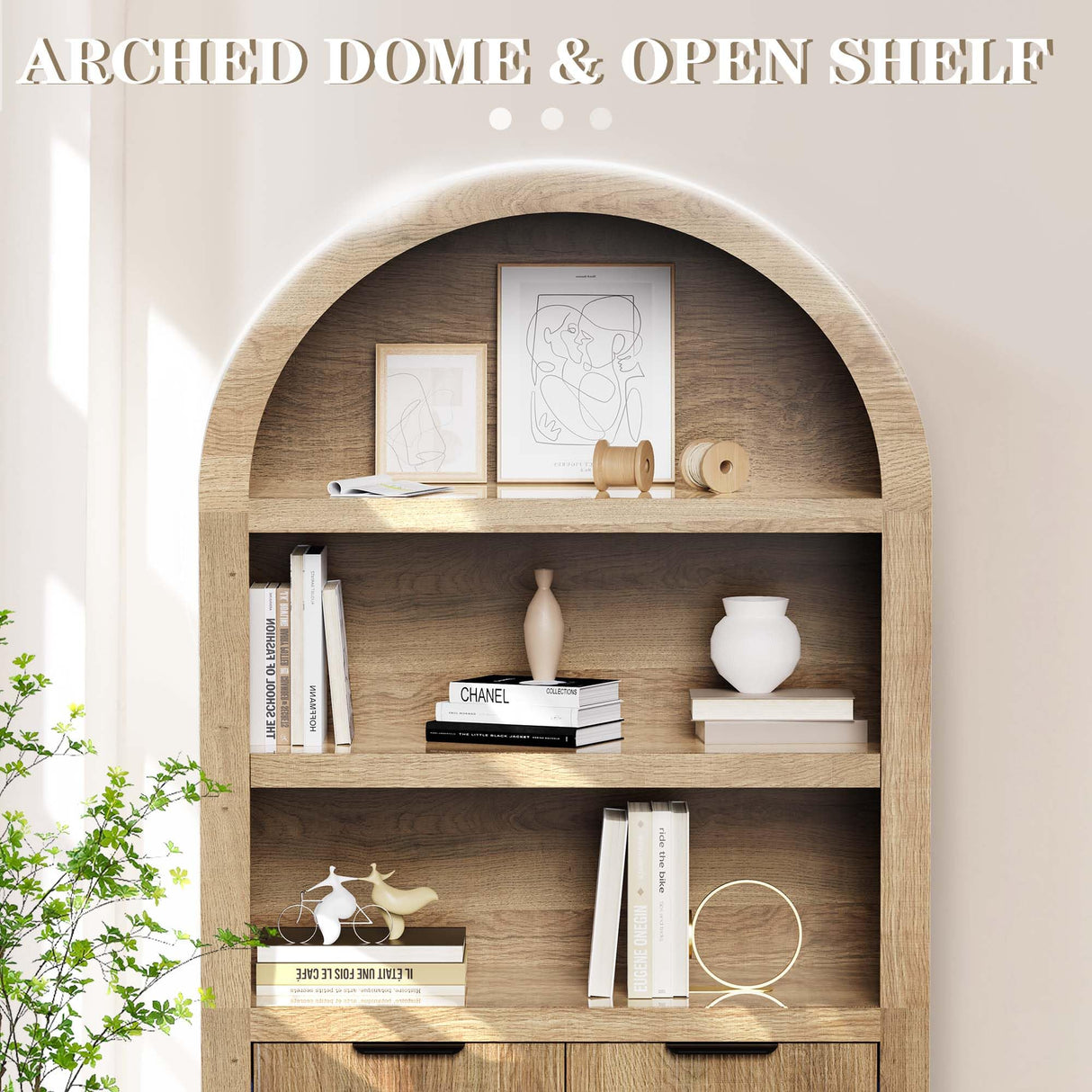 blini Arched Cabinet Bookshelf Arch Bookcase with Doors, Wooden Oak Curved Book Case 5-Tier Tall Round Top Bookshelves for Living Room blini