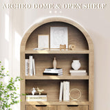 blini Arched Cabinet Bookshelf Arch Bookcase with Doors, Wooden Oak Curved Book Case 5-Tier Tall Round Top Bookshelves for Living Room blini