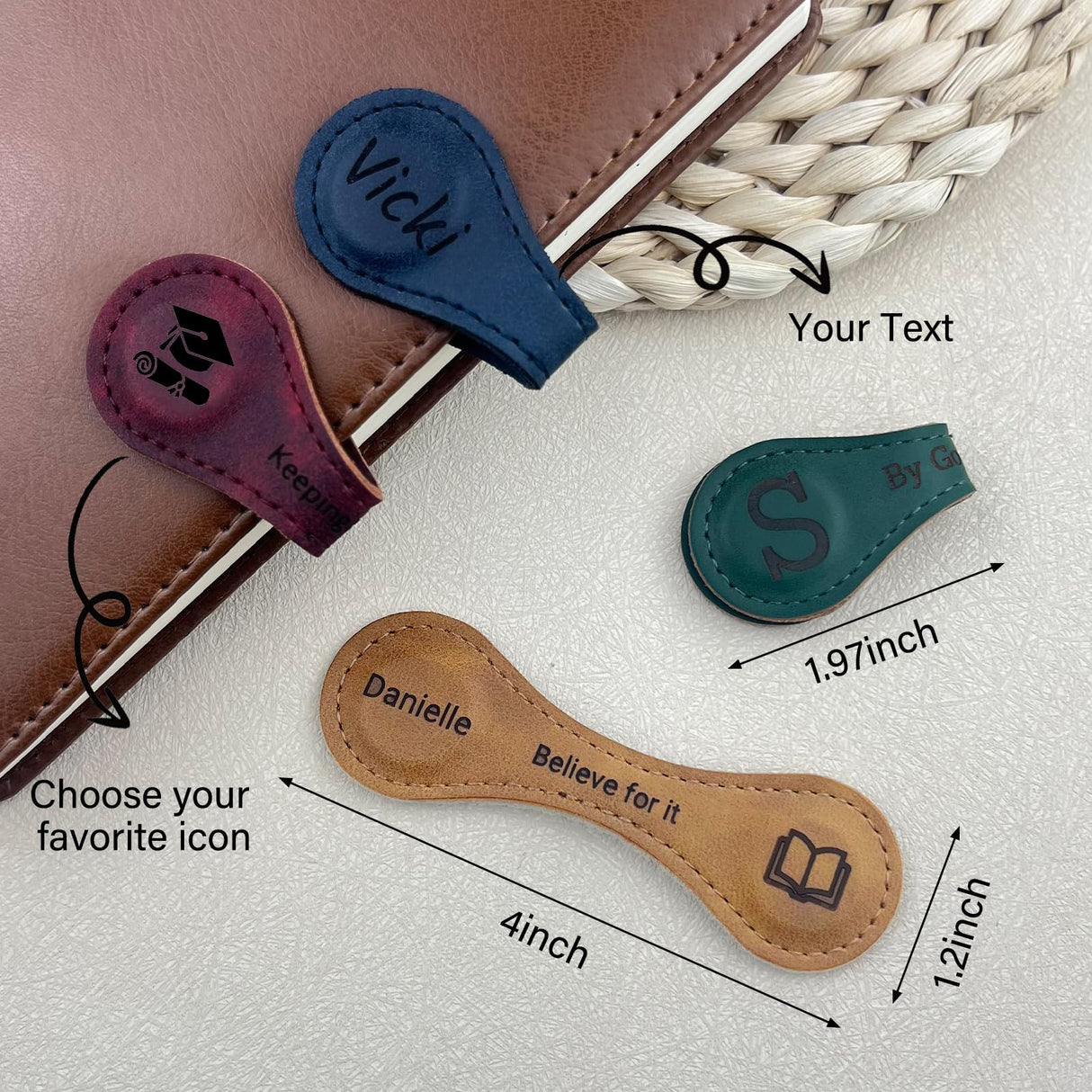 Jumaple Personalized Magnetic Leather Bookmark Custom Engraved Name Initials Text Vintage Magnetic Bookmarks Clip Customized Gifts for Readers Classmates Kids Book Lovers Jumaple