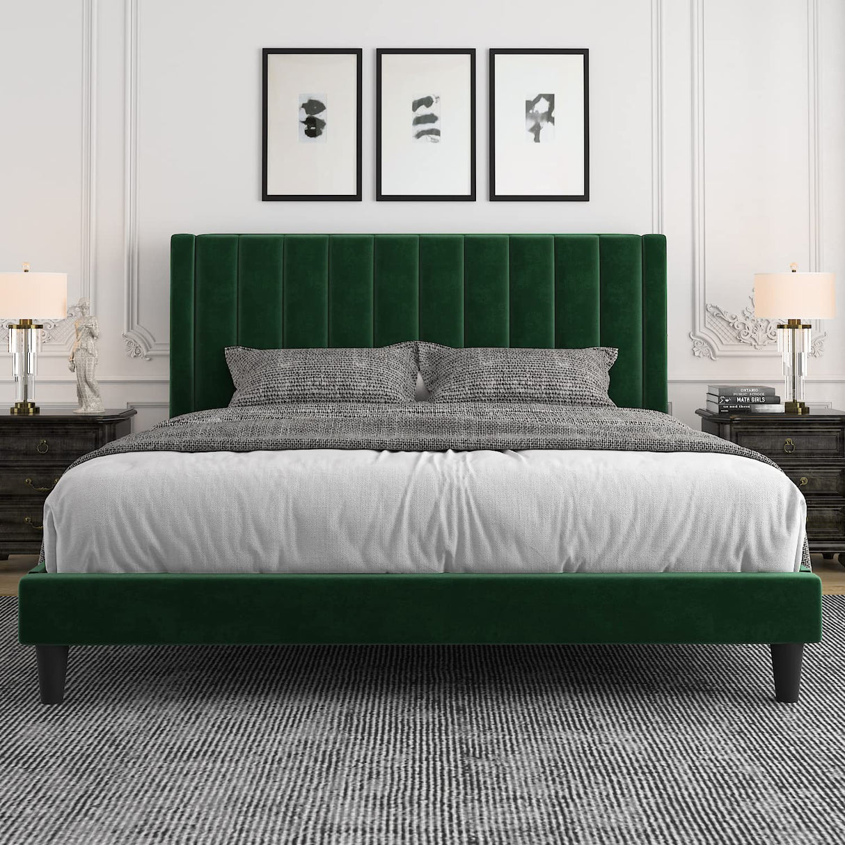 Allewie King Platform Bed Frame/Velvet Upholstered Bed Frame with Vertical Channel Tufted Headboard/Strong Wooden Slats/Mattress Foundation/Box Spring Optional/Easy Assembly/Green Allewie