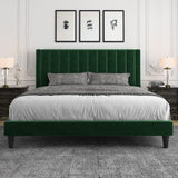 Allewie King Platform Bed Frame/Velvet Upholstered Bed Frame with Vertical Channel Tufted Headboard/Strong Wooden Slats/Mattress Foundation/Box Spring Optional/Easy Assembly/Green Allewie