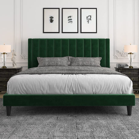 Allewie King Platform Bed Frame/Velvet Upholstered Bed Frame with Vertical Channel Tufted Headboard/Strong Wooden Slats/Mattress Foundation/Box Spring Optional/Easy Assembly/Green Allewie
