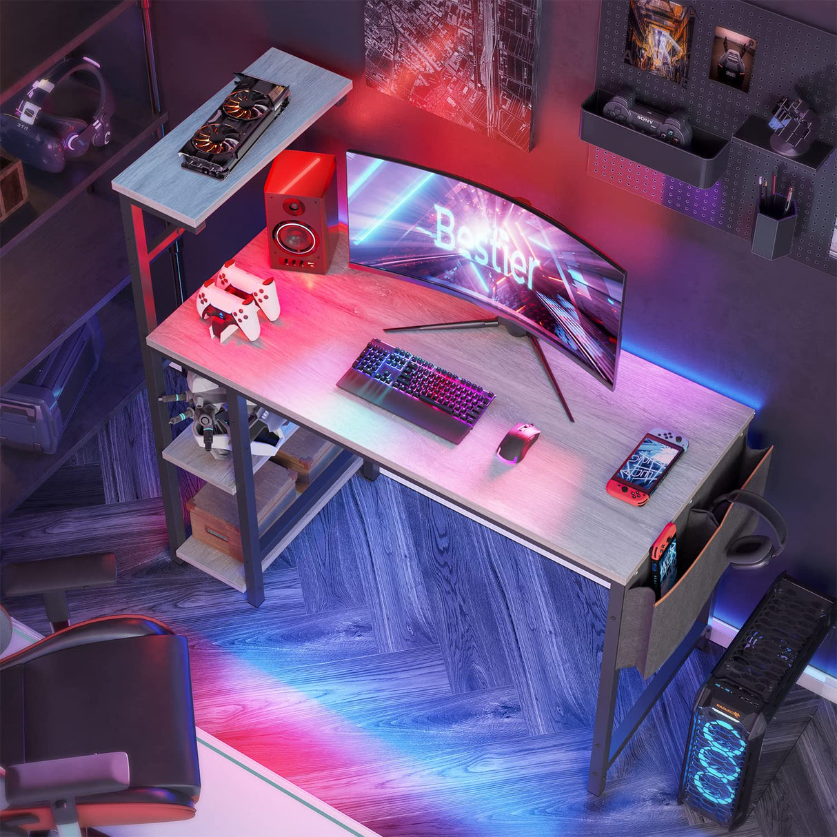 Bestier Computer Desk with 4 Tiers Shelves, Gaming Desk with LED Lights, 44 Inch Office Desk with Storage Bag & Printer Shelf (Retro Grey Oak) Bestier