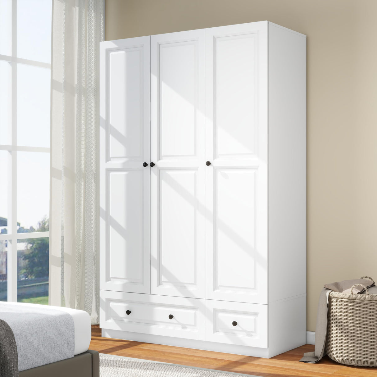 LABROSKIA White Wardrobe Closet with 3 Doors: 74" Bedroom Armoire Wardrobe Closet with 2 Drawers, Wooden Cabinet with Hanging Rod, Modern Armoire Closets with Shelves (White, 47") LABROSKIA