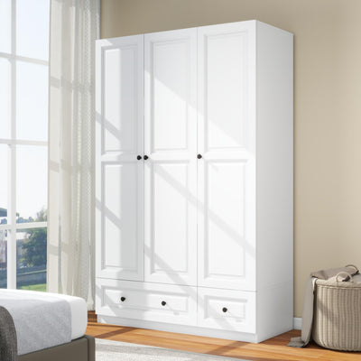 LABROSKIA White Wardrobe Closet with 3 Doors: 74" Bedroom Armoire Wardrobe Closet with 2 Drawers, Wooden Cabinet with Hanging Rod, Modern Armoire Closets with Shelves (White, 47")