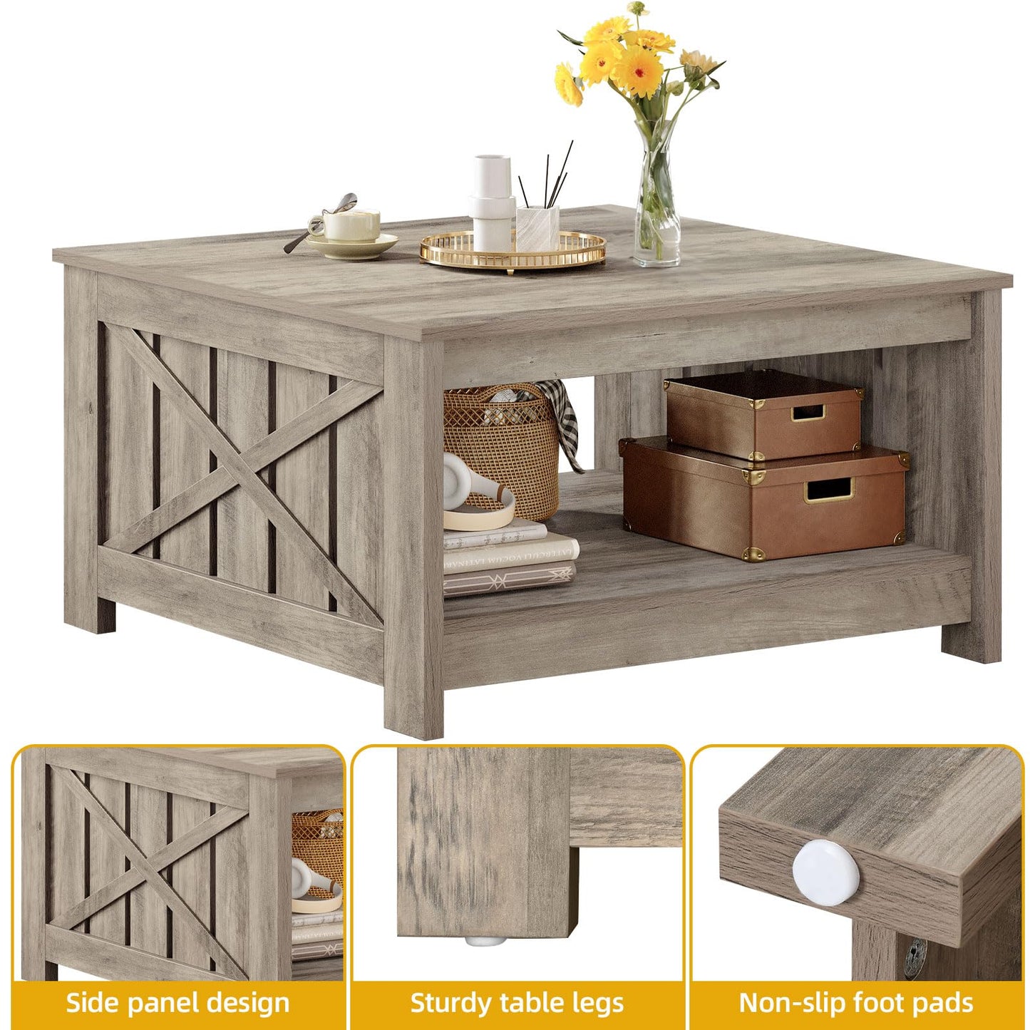 DWVO Square Coffee Table for Living Room Farmhouse Coffee Table with Storage,2-Tier Wood Center Table with Half Open Storage Compartment, Rustic Grey - WoodArtSupply