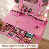 Tiptiper Vanity Desk with Tri-Fold Mirror and Lights, Makeup Vanity with Wood Upholstered Stool, Vanity Table with 5 Drawers & 8 Jewelry Hooks, Small Vanity, Pink Tiptiper