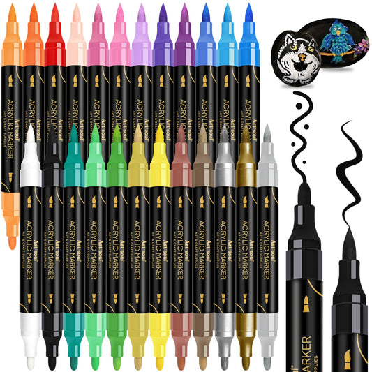 Art+soul 24 Colors Acrylic Paint Pens-Dual Tip Markers, Vibrant, Long Lasting Colors that Dry Quickly, Ideal for Canvas, Paper, Glass, Ceramic, Wood, and Rock - WoodArtSupply