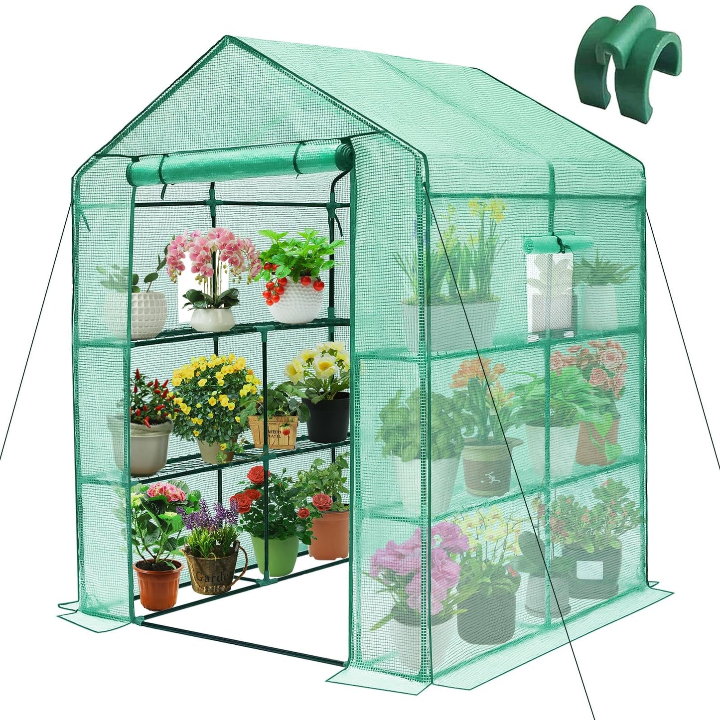 Greengro Greenhouse, 56 x 56 x 75'' Greenhouses for Outdoors, Durable Green House Kit with Window, Thicken PE Cover, 3 Tiers 8 Shelves, Heavy Duty Walk in Green Houses for Indoor Backyard Out - WoodArtSupply