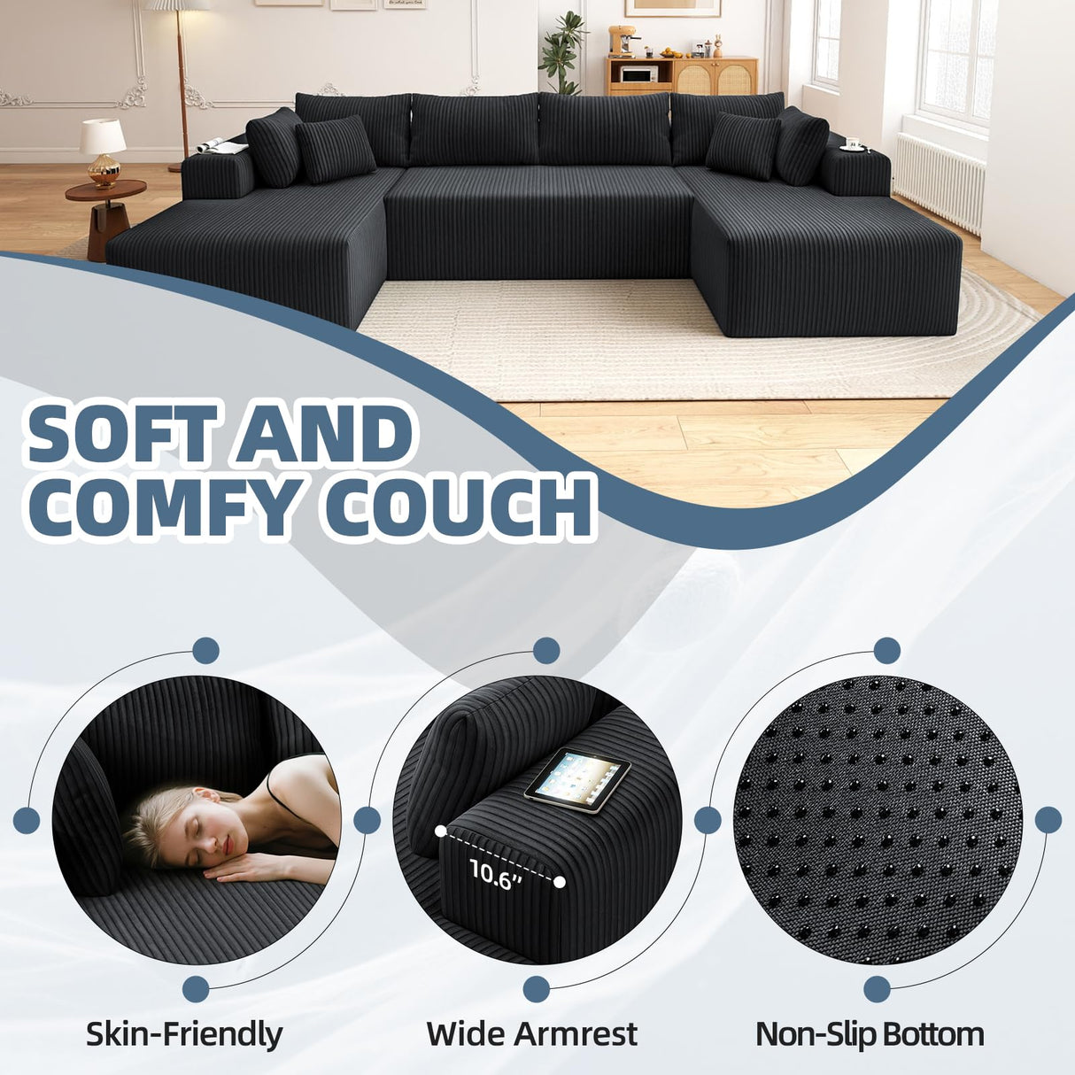 Mvpipi Cloud Couch U-Shaped Sectional Sofa, 134'' Modular Boneless Couches for Living Room, Corduroy Deep Seat Sofa with 2 Chaise Lounges and 1 Loveseat, 30D High-Resilience Foam, No Assembly, Black Mvpipi