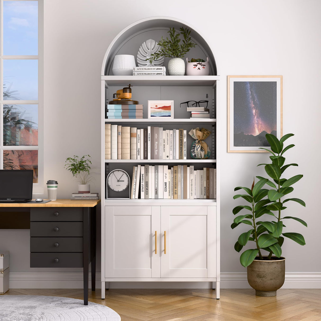 METALYEYE 73" H Metal Arched Cabinet, 5-Tier Arched Bookcase with 2 Doors, Modern Farmhouse Bookshelf with 2 Adjustable Shelves, Kitchen Pantry Cabinet for Living Room, Assembly Required, White METALYEYE