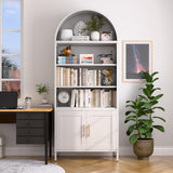 METALYEYE 73" H Metal Arched Cabinet, 5-Tier Arched Bookcase with 2 Doors, Modern Farmhouse Bookshelf with 2 Adjustable Shelves, Kitchen Pantry Cabinet for Living Room, Assembly Required, White METALYEYE