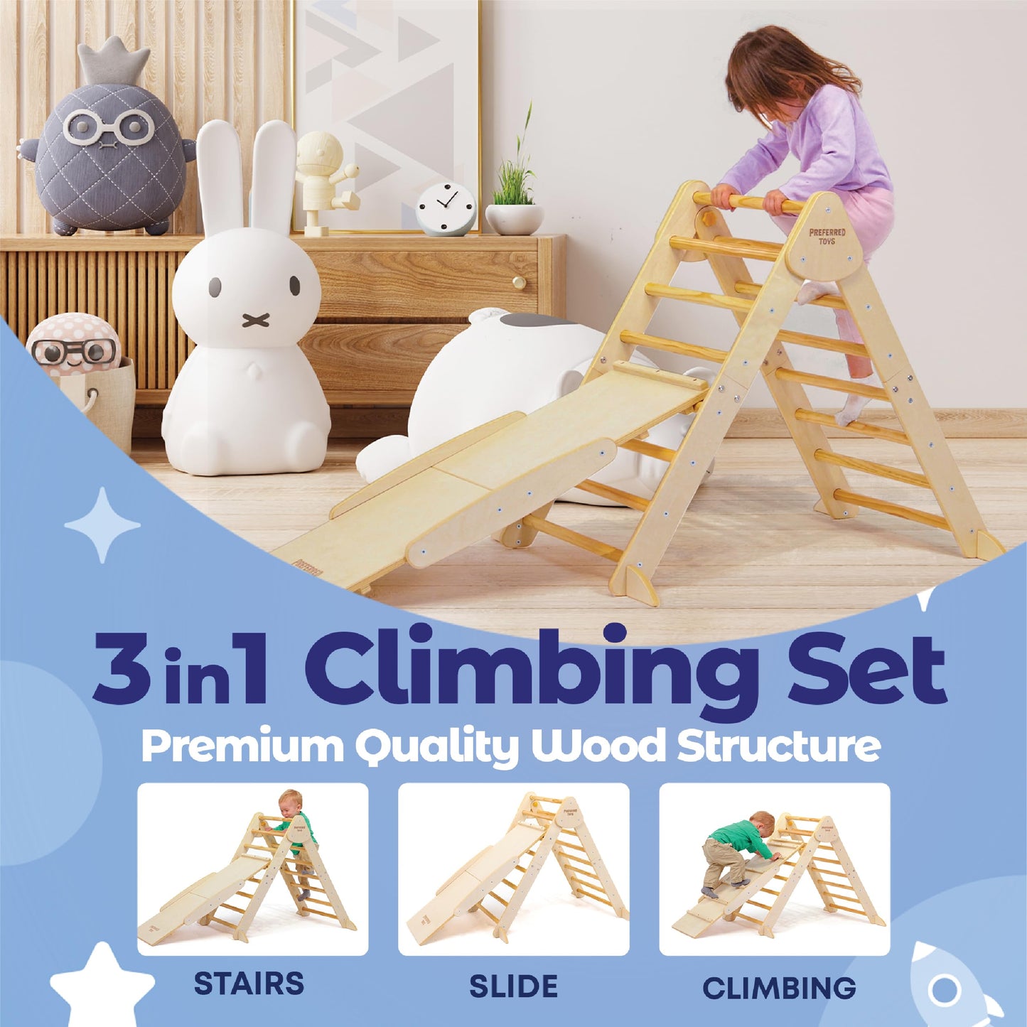 Preferred Toys Pikler Triangle - 3 in 1 Montessori Climbing Set with Slide and Wooden Climber Wall - Foldable Kids Indoor Play Equipment Gym for Boys & Girls (Pikler Triangle with Slide)