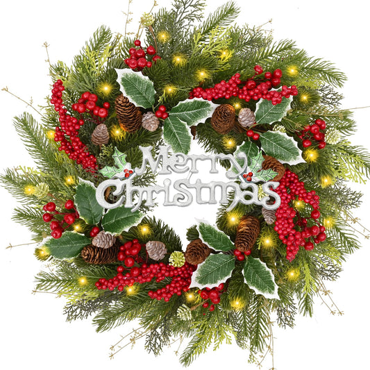 Waipfaru Christmas Wreaths for Front Door, 20 Inch Lighted Christmas Door Wreath Decorations with Lights for Outdoor Window Wall Xmas Winter Decor