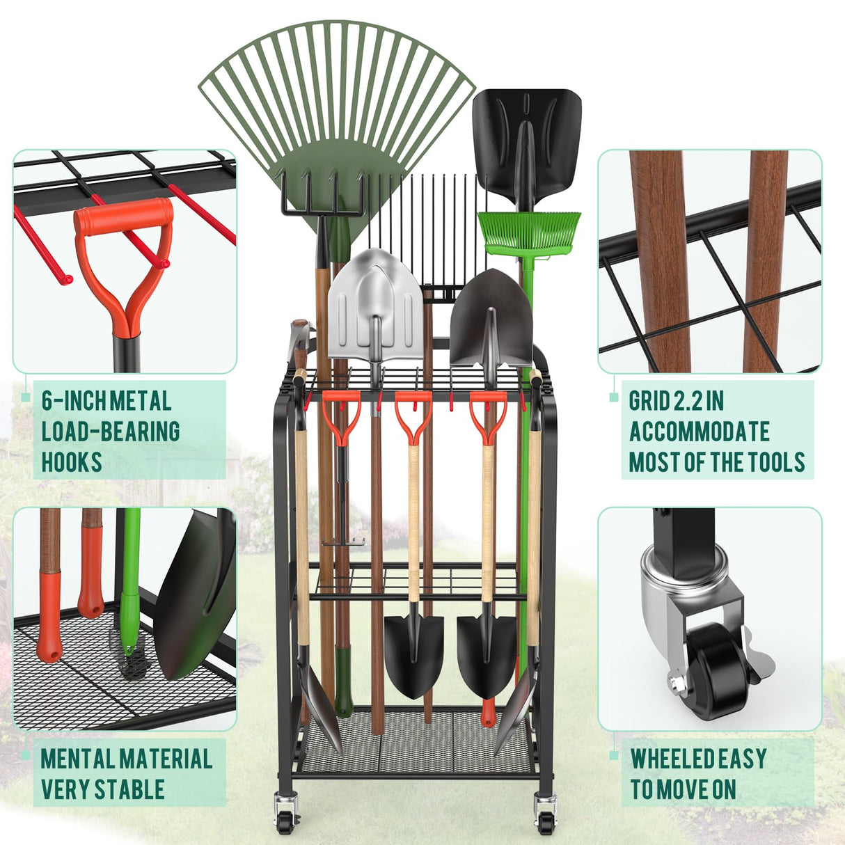 Trieez Wheeled Heavy Duty Garden Tool Storage, Alloy Steel Garden Tool Organizer with Wheels - Sturdy Metal Garden Tool Organizer for Garage, Shed, Yard Tool Holder, Basement Trieez