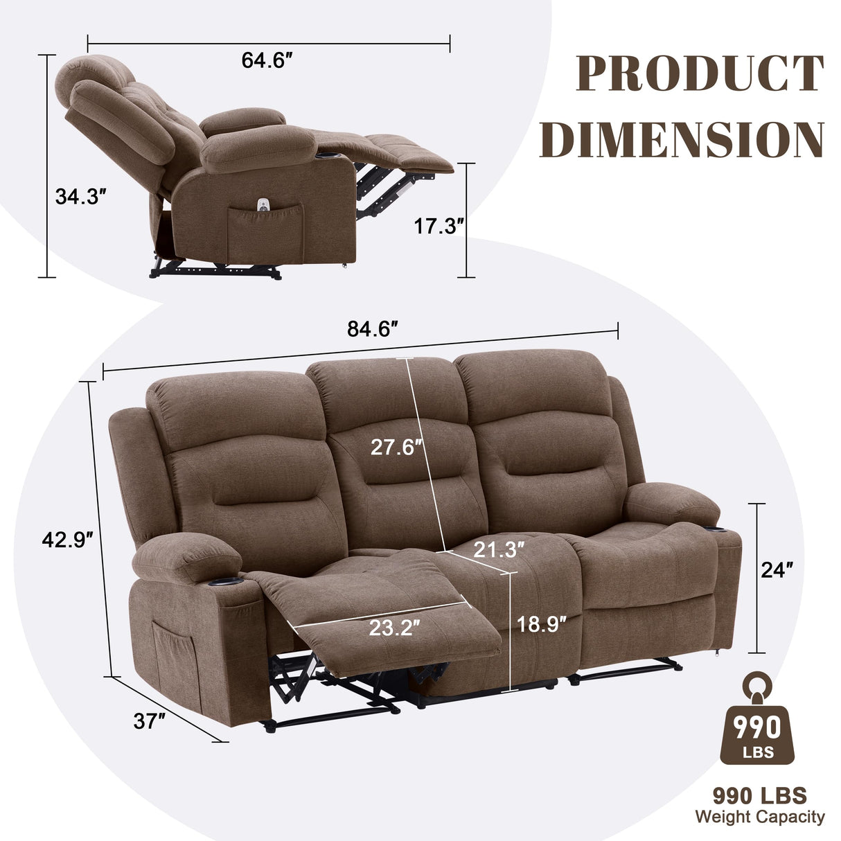 Reedvales Oversized Recliner Sofa with Heat and Massage, Big Large 3-Seater RV Recliner Couch Sofa for Living Room, Wall-Hugger Reclining Sofa with Cup Holders and USB Port (Fabric, Brown) Reedvales