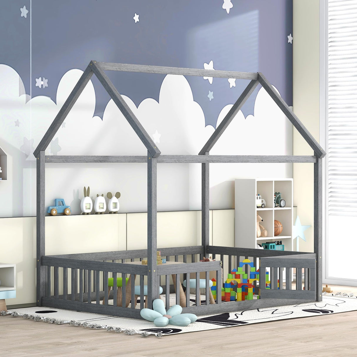 Harper & Bright Designs Grey Wash Full Montessori House Bed with Fence and Door for Kids Harper & Bright Designs