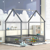 Harper & Bright Designs Grey Wash Full Montessori House Bed with Fence and Door for Kids Harper & Bright Designs