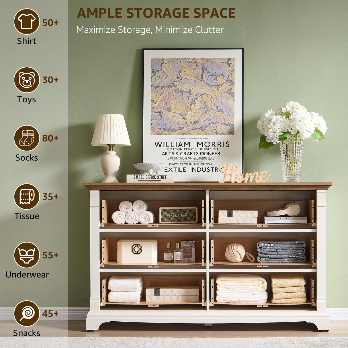 Farmhouse 6 Drawers Dresser for Bedroom, 54" Wide Large Dressers & Chests of Drawers w/Roman Column, Wooden Dresser TV Stand with Large Drawers for Nursery Bedroom Living Room Hallway, Antique White T4TREAM