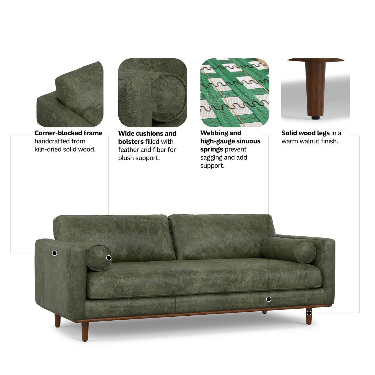 SIMPLIHOME Morrison 89-inch Wide Sofa in Moss Green Genuine Leather, Mid-Century Modern Design Couch for Living Room, Single Bench Cushion, 2 Back Cushions, 2 Bolster Pillows SIMPLIHOME