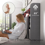 EnHomee King Size Bed Frame with 4 Storage Drawers, Upholstered Platform King Bed Frame and Headboard, King Bed Frame with LED Lights & Charging Station, Noise Free,No Box Spring Needed,Beige, Grey EnHomee