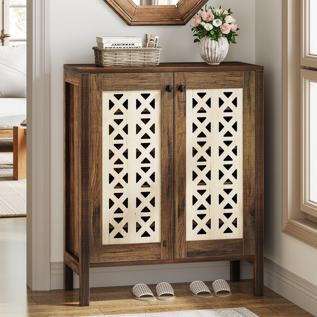 Tribesigns 5-Tier Shoe Cabinet with Doors, 25 Pairs Farmhouse Shoe Organizer, All-Wood Freestanding Shoe Storage Cabinet with Adjustable Shelves for Entryway, Hallway, Living Room, Brown & Beige Tribesigns