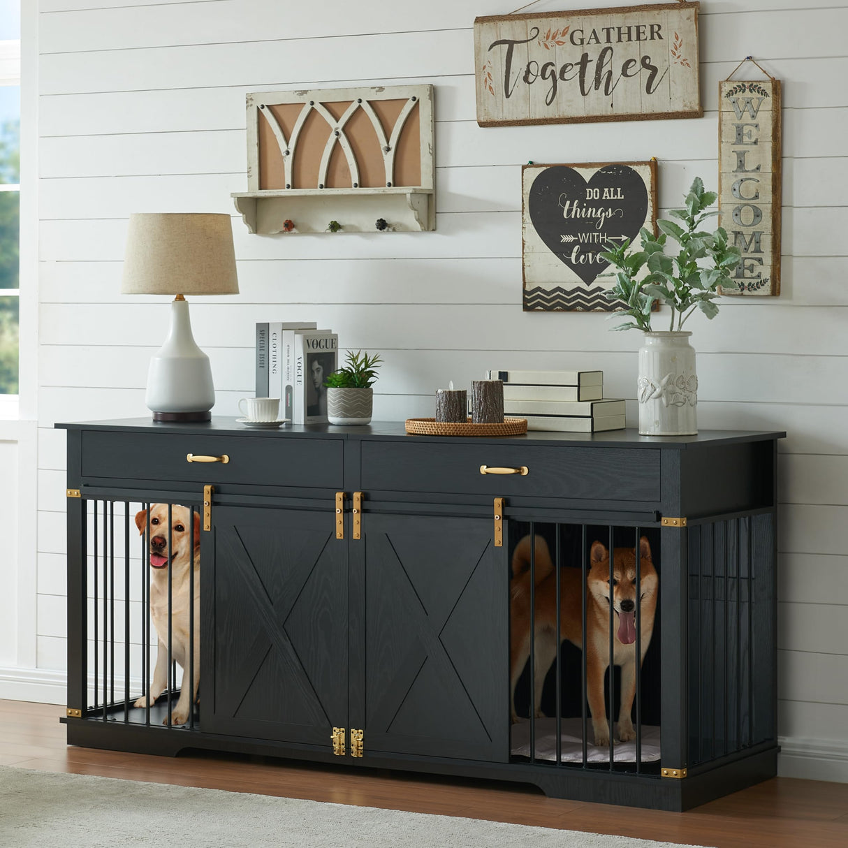72.5" Extra Large Furniture Style Double Dog Crates for Large Breeds, XXL Wooden Dog Kennel Furniture with Drawers, Divider, Water Resistant & Barn Door for 2 Dogs, Black EDYO LIVING