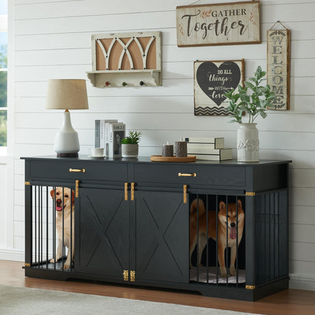 72.5" Extra Large Furniture Style Double Dog Crates for Large Breeds, XXL Wooden Dog Kennel Furniture with Drawers, Divider, Water Resistant & Barn Door for 2 Dogs, Black EDYO LIVING