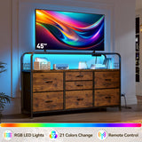 EnHomee Dresser for Bedroom with LED Lights & Charging Station, 7 Drawer Dresser with Open Shelf, Fabric Bedroom Dressers & Chest of Drawers for Closet, Entryway, Hallway, 4 Hooks, Rustic Brown EnHomee