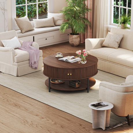 HUAHUU 31.5" Round Coffee Table with Storage, Mid Century Modern Coffee Table with Sliding Cabinet Door, Round Metal Legs, 3-Tier Small Round Coffee Tables for Living Room, Walnut HUAHUU