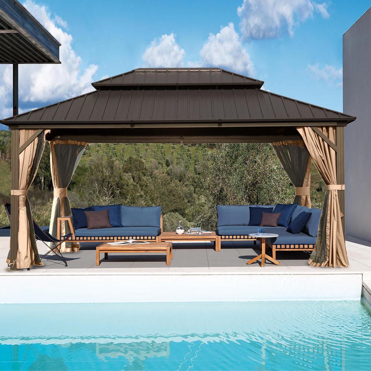 Domi 12' X 16' Hardtop Gazebo, Aluminum Metal Gazebo with Galvanized Steel Double Roof Canopy, Curtain and Netting, Permanent Gazebo Pavilion for Party, Wedding, Outdoor Dining, Brown domi outdoor living