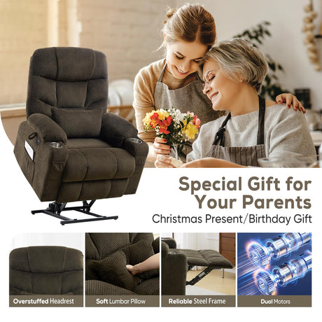 ABCASA Oversized Dual Motor Lay Flat Power Lift Recliner Chair with Massage, Heating, Lumbar Pillow, USB & Type-C Ports, Textile Lift Chairs Recliners, Large Recliner for Big & Elderly People - Brown ABCASA