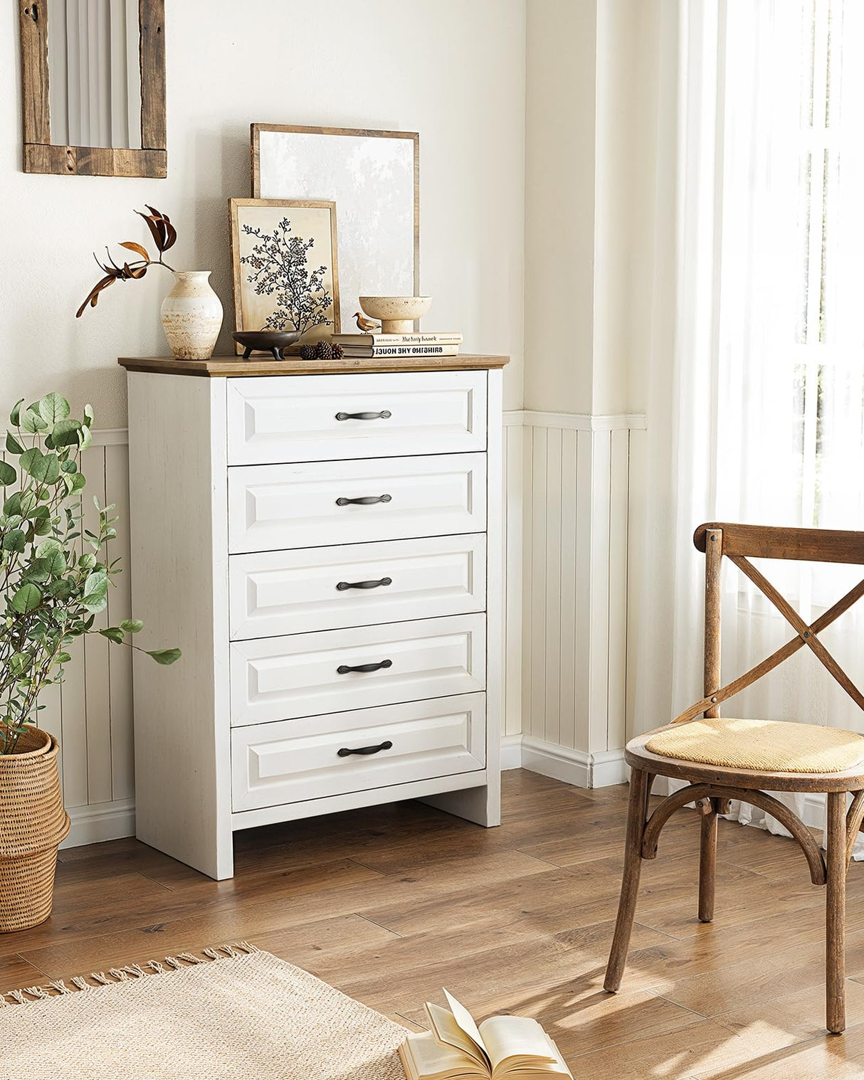 Marsail 5 Drawer Dresser for Bedroom, Farmhouse Wood Wide Chest of Drawers, Storage Dressers Organizer with Anti-Slip Kit for Living Room, Bedroom & Hallway Marsail