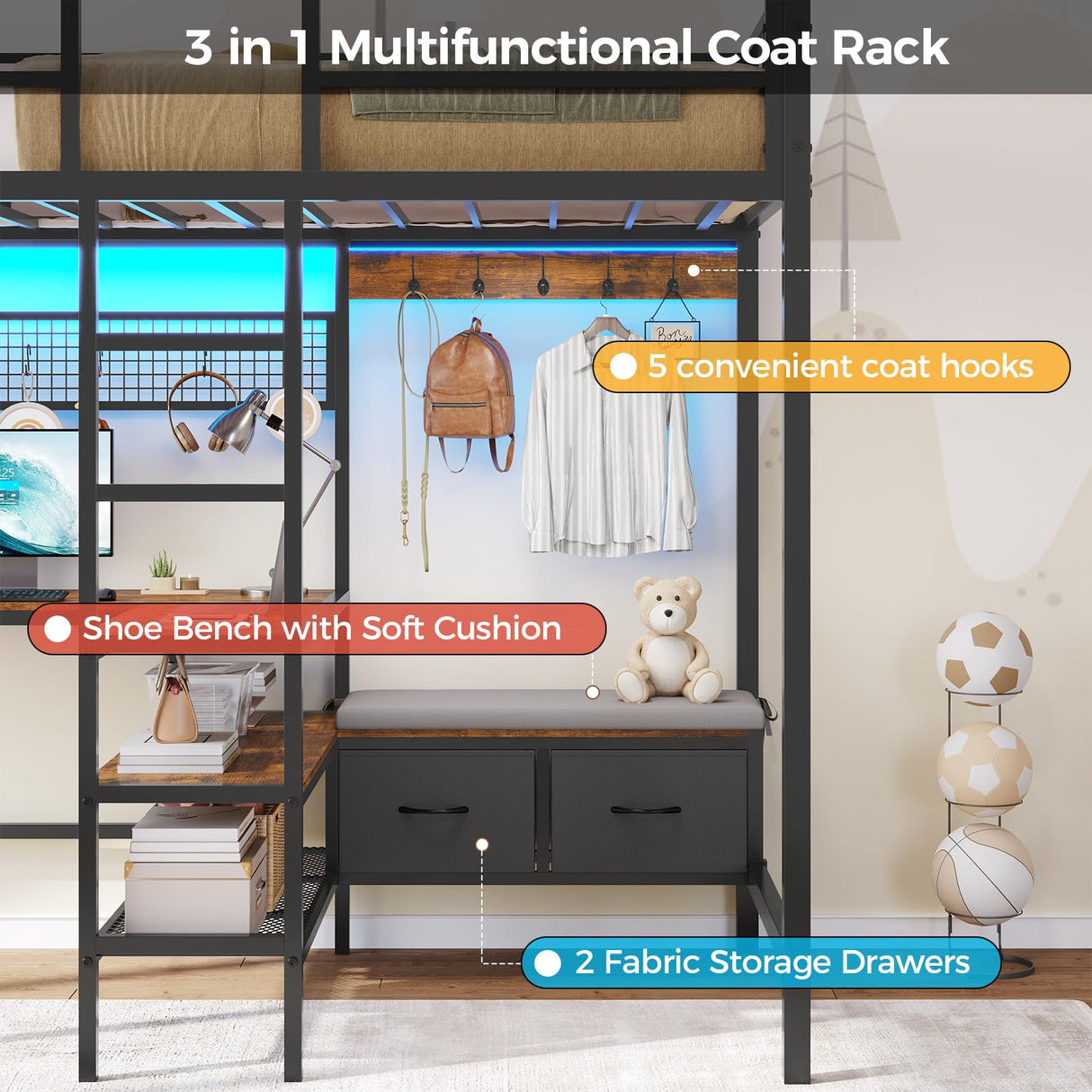 DICTAC Twin Loft Bed with L-Shaped Desk and Charging Station Twin Size Metal Bed Frame with LED Lights,Storage Shelves and Coat Rack with 2 Storage Drawers,Top Bunk with Safety Guard & Stair, Black DICTAC
