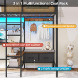 DICTAC Twin Loft Bed with L-Shaped Desk and Charging Station Twin Size Metal Bed Frame with LED Lights,Storage Shelves and Coat Rack with 2 Storage Drawers,Top Bunk with Safety Guard & Stair, Black DICTAC