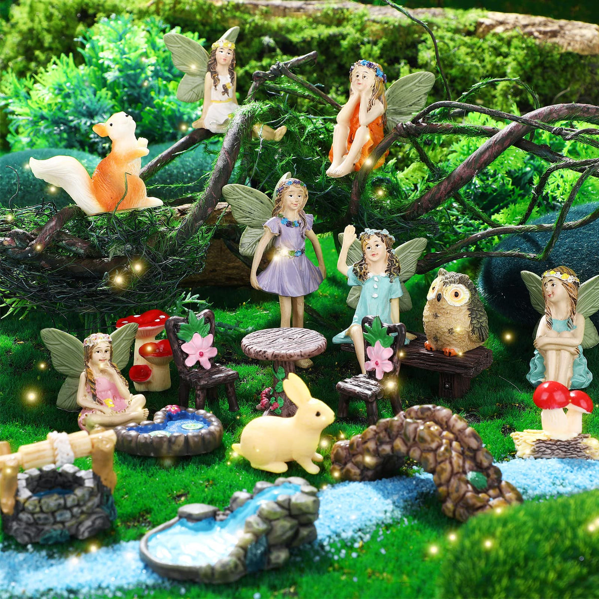 Roowest 19 Pcs Miniatures Garden Fairies Kit Garden Accessories Miniatures Bunny Squirrel Owl Animals Cute Tiny Mushroom Mini Pond Bridge Figurine for DIY Home Micro Landscape Terrarium Ornaments Roowest