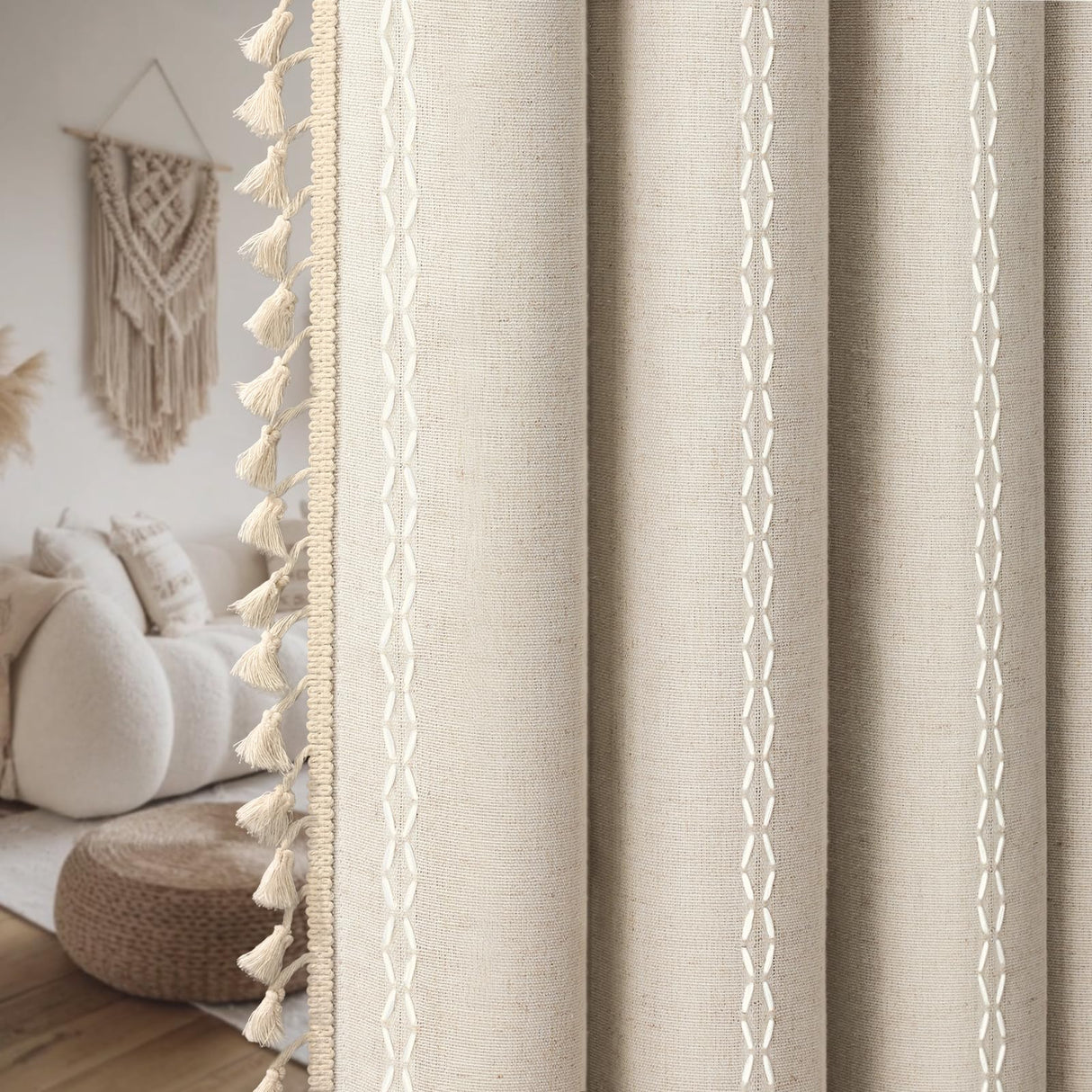 XOGUIBO Boho Blackout Curtains 2 Panels 84 Inch for Living Room Bedroom, Beige Linen Texture Farmhouse Curtains with Tassels and Cotton Embroidery Vintage Rustic Western Rod Pocket XOGUIBO