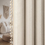 XOGUIBO Boho Blackout Curtains 2 Panels 84 Inch for Living Room Bedroom, Beige Linen Texture Farmhouse Curtains with Tassels and Cotton Embroidery Vintage Rustic Western Rod Pocket XOGUIBO