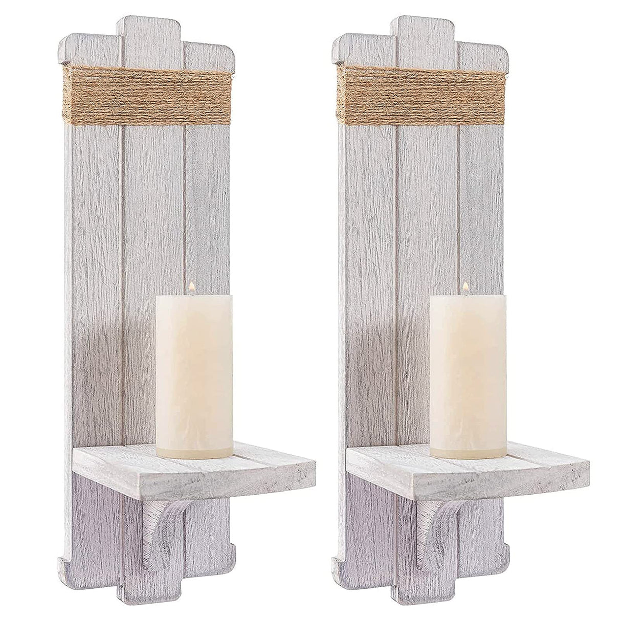 2 PCS Farmhouse Wall Hanging Candle Sconces - Nordic Style Handmade Wooden Wall-Mount Candle Holders Rustic Hanging Wall Sconces for Bedroom Living Room Kitchen Bathroom(Grayish White) Alphatool