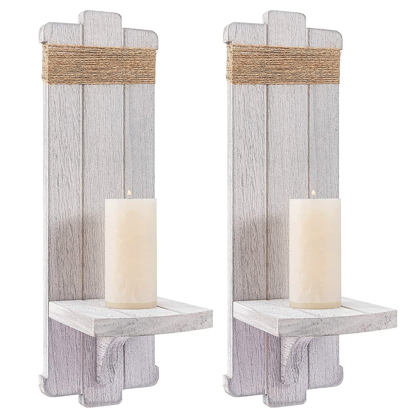 2 PCS Farmhouse Wall Hanging Candle Sconces - Nordic Style Handmade Wooden Wall-Mount Candle Holders Rustic Hanging Wall Sconces for Bedroom Living Room Kitchen Bathroom(Grayish White)