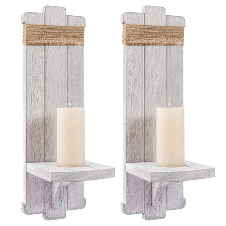 2 PCS Farmhouse Wall Hanging Candle Sconces - Nordic Style Handmade Wooden Wall-Mount Candle Holders Rustic Hanging Wall Sconces for Bedroom Living Room Kitchen Bathroom(Grayish White) Alphatool