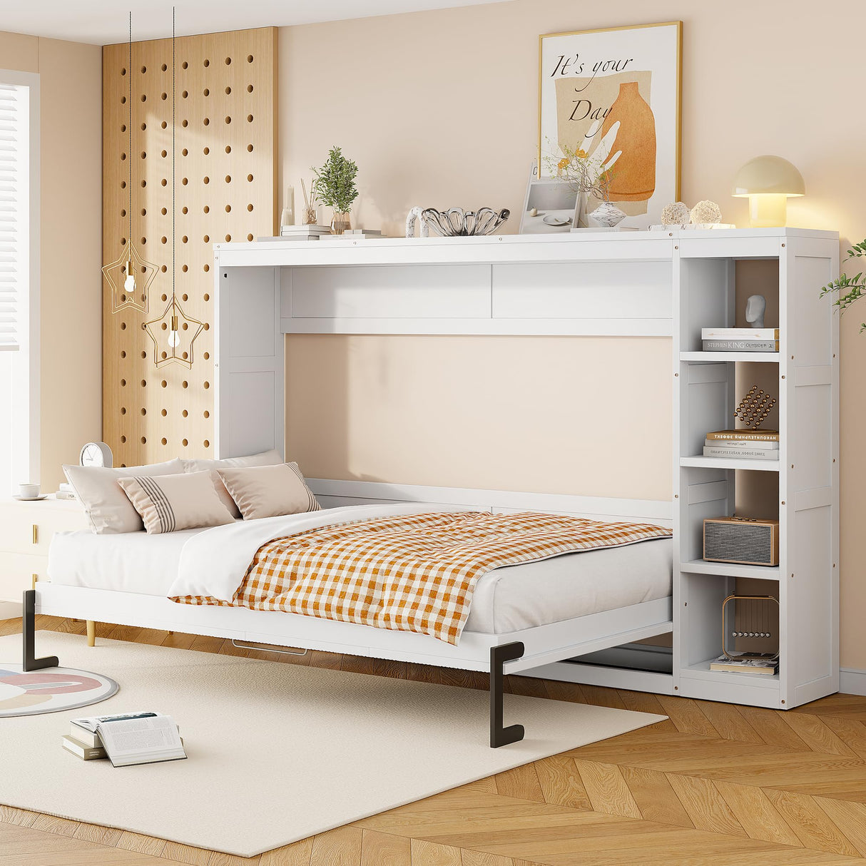 HABITRIO Full Size Murphy Bed, Wooden Wall Cabinet Bed with Bookshelf, White HABITRIO