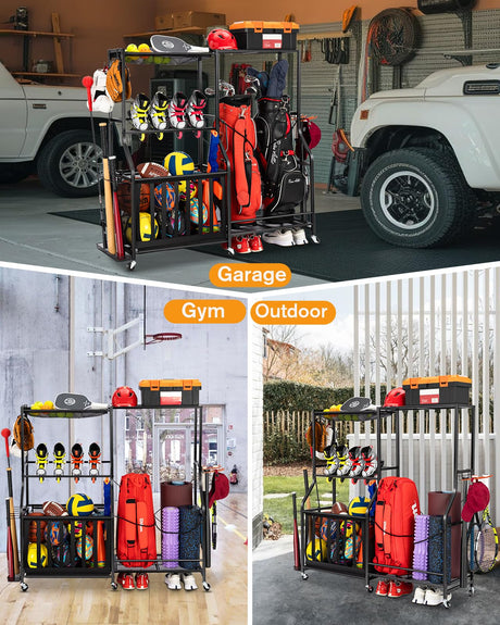 EXTCCT Garage Sports Equipment Organizer with Wheels - Golf Bag Storage Rack and Ball Storage Bins, Heavy Duty Rolling Garage Organizer System with Basket and Hooks for Indoor/Outdoor Sports Gear EXTCCT