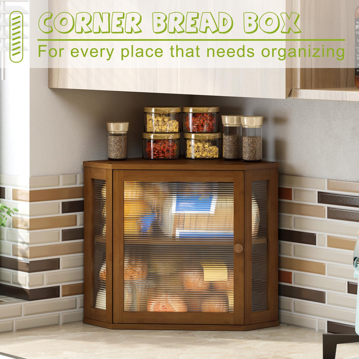 BMOSU Corner Bread Box for Kitchen Countertop Double Layer Bamboo Wooden Bread box Large Capacity Bread Storage Bin(Brown, Medium) BMOSU