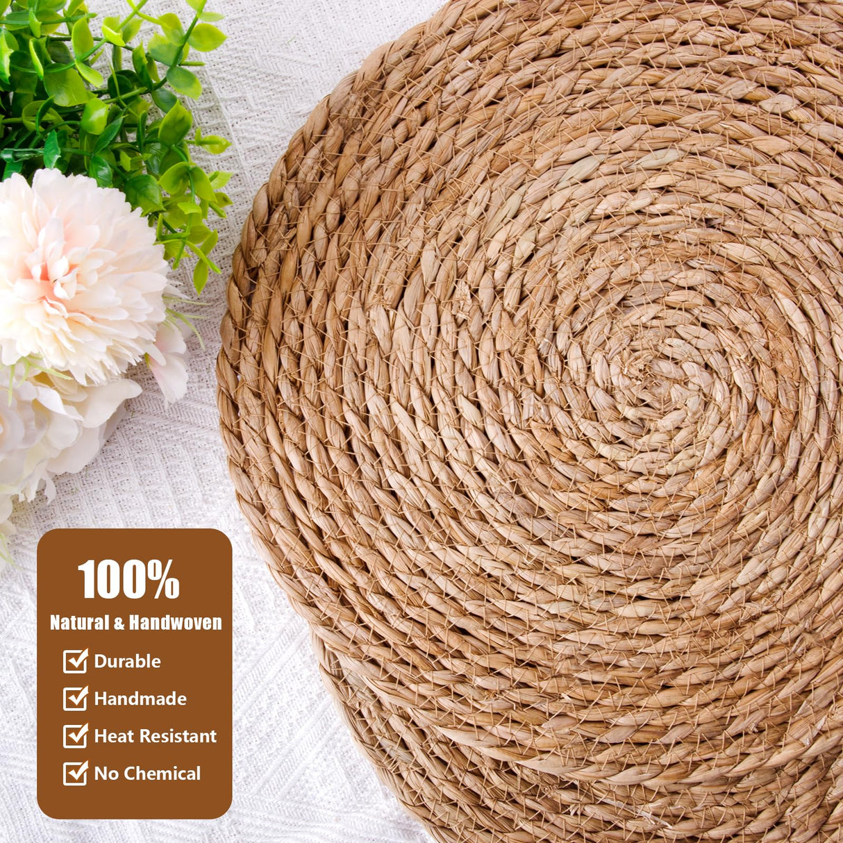 Woven Placemats Set, 12" Round Boho Hand-Woven Rattan Natural Water Hyacinth Placemats, Farmhouse Weave Chargers, Heat Resistant Rustic Braided Wicker for Dining Table,Kitchen,Wedding,Home(Set of 8) See Seattle