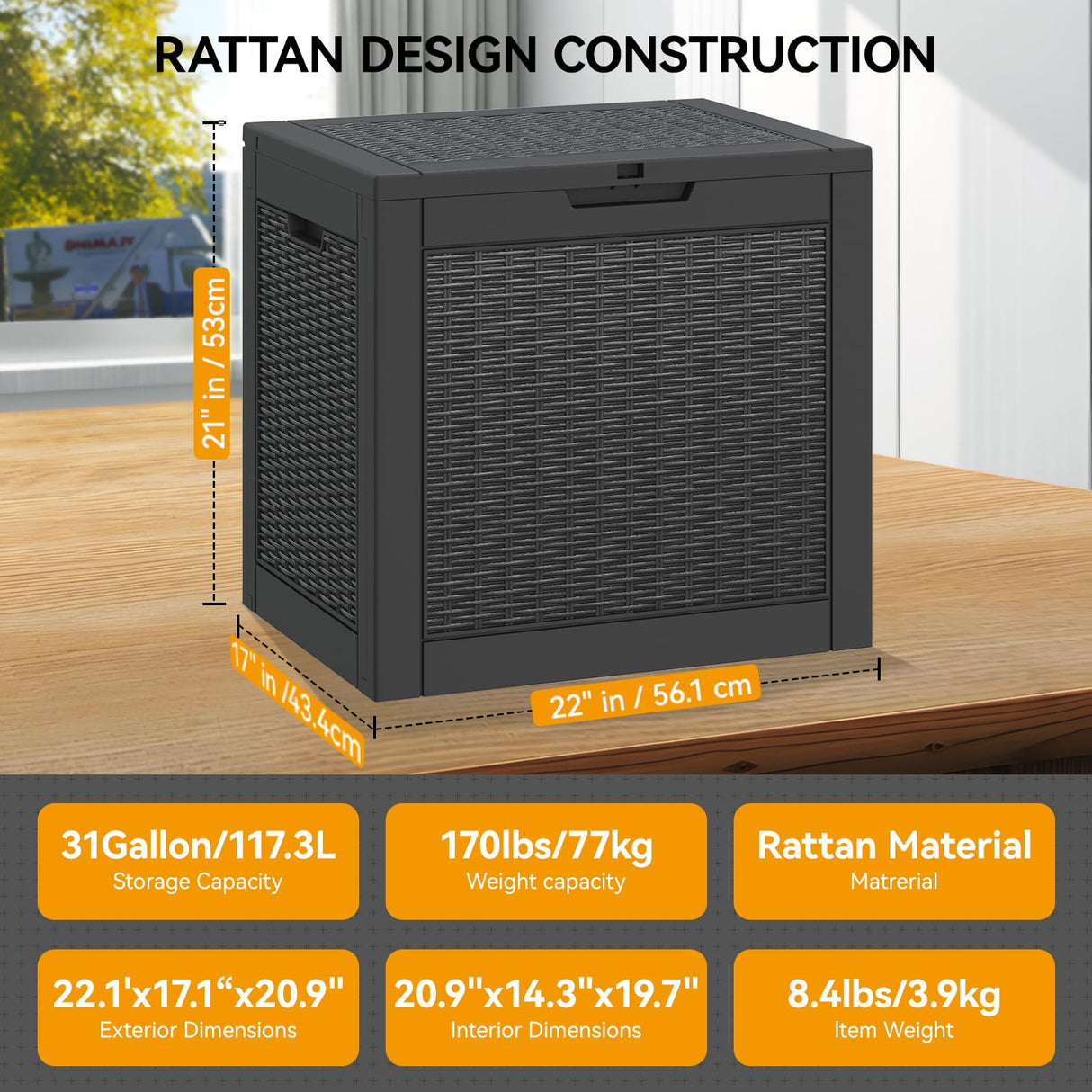 KAMABOKO 31 Gallon Outdoor Storage Box, Resin Deck Boxes Indoor and outdoor, Waterproof Storage Box Lockable Lid for Garden Tools, Package Delivery, Pool Supplies, Patio Cushions, Black KAMABOKO