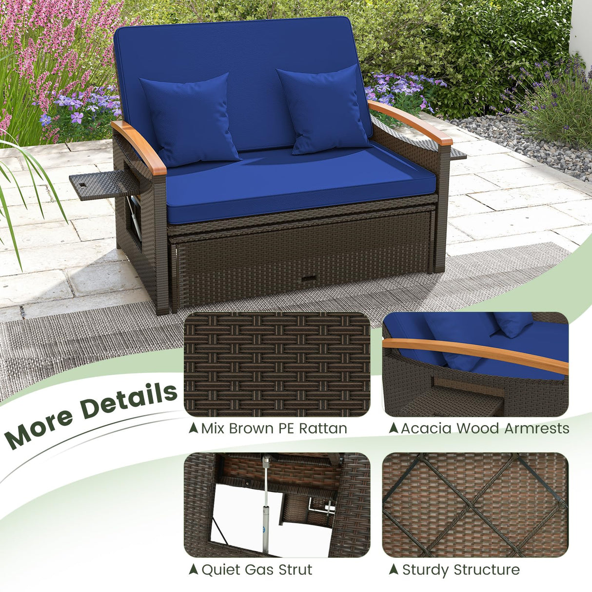 Moccha Outdoor Wicker Daybed, Patio Rattan Loveseat Sofa w/ 4-Level Adjustable Backrest, Folding Panels, Storage Ottoman & Cushions, Lounge Furniture Set for Poolside Backyard Porch (Navy) LDAILY