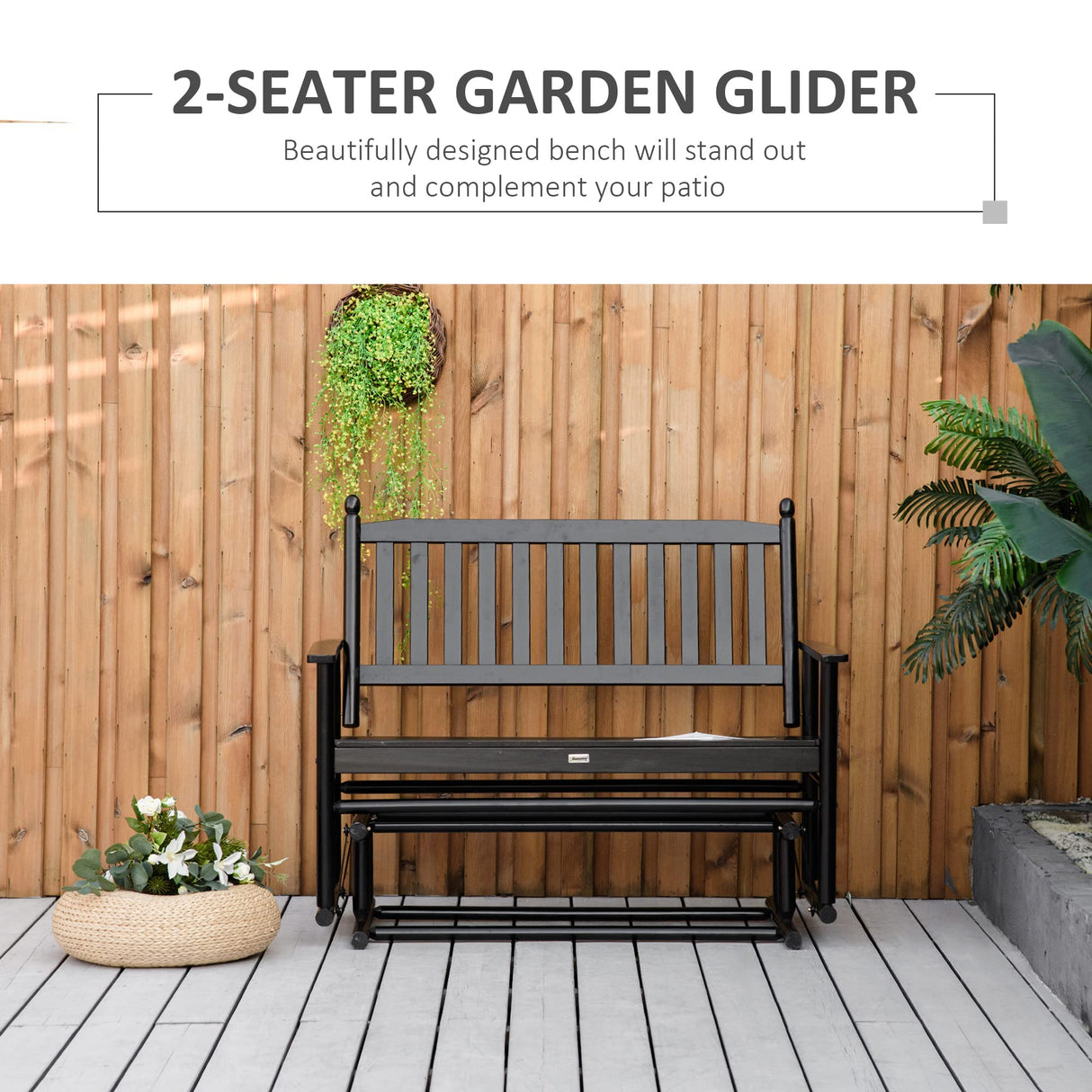 Outsunny Black Wooden Patio Glider Bench – Heavy Duty Outdoor Loveseat for Two with High Back and Armrests Outsunny