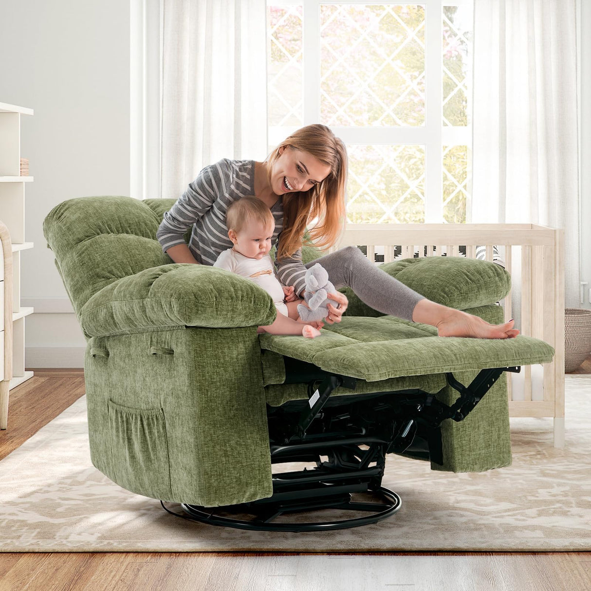 CheerAmenit 360° Swivel & Rocking Recliner Chair, Green Fabric Upholstered Glider with Side Storage Pockets, Sturdy Q235 Steel Frame Single Sofa for Living Room, Nursery, Small Apartments CheerAmenit