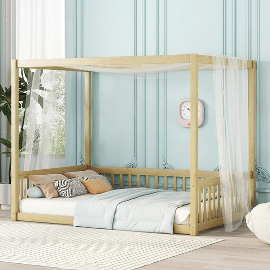 Full Size Canopy Bed Frame with Guardrails for Kids,Floor Bed Full with Four Poster Design,Kids Montessori Floor Bed,Wood Canopy Bed Frame for Girls,Boys(Full,Natural)